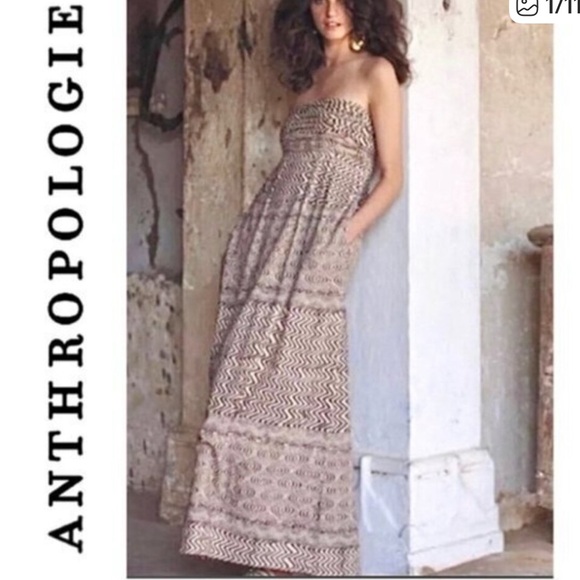 Anthropologie Dresses & Skirts - Edmé & Esyllte Anthropologie Strapless Maxi Dress Sz 12 Brown Cream Boho Cotton